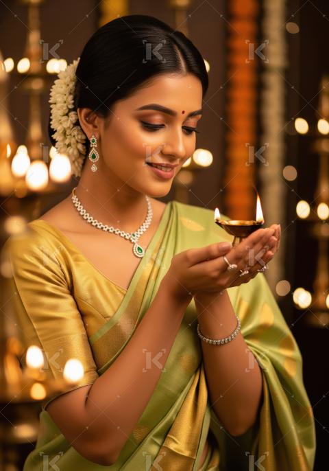 Beautiful Indian Woman with Traditional Diya Lamp at Festival