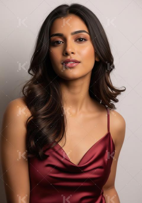 Beautiful Indian woman in elegant red satin dress