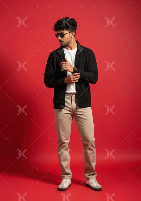 Stylish young man in casual outfit on vibrant red background.