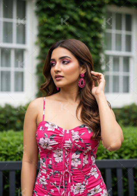 Glamorous Woman in Pink Floral Dress and Sparkling Earrings