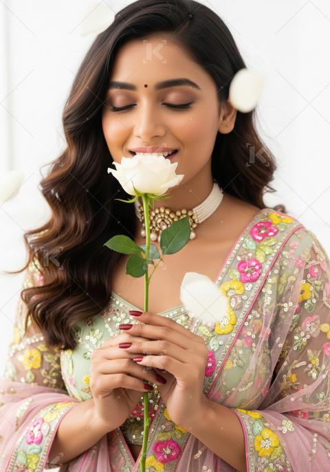 Beautiful Indian Woman Smelling White Rose with Eyes Closed
