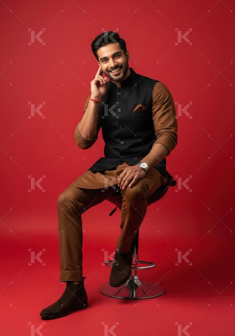 Smiling Indian Man in Traditional Attire on Red Background