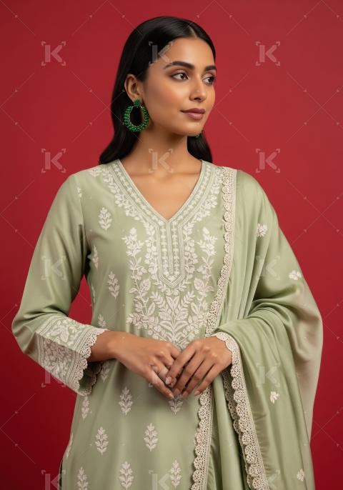 Elegant Indian Woman in Embroidered Green Kurta