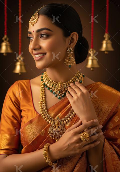 Elegant Indian Woman in Traditional Gold Jewelry and Saree
