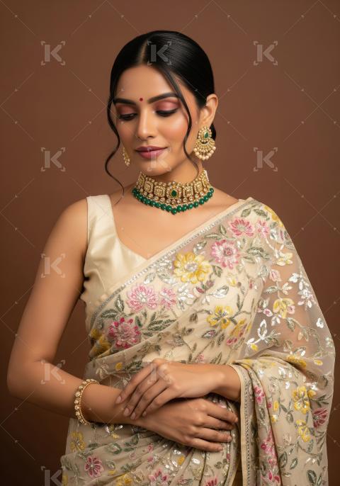 Elegant Indian Woman in Floral Embroidered Saree with Traditiona