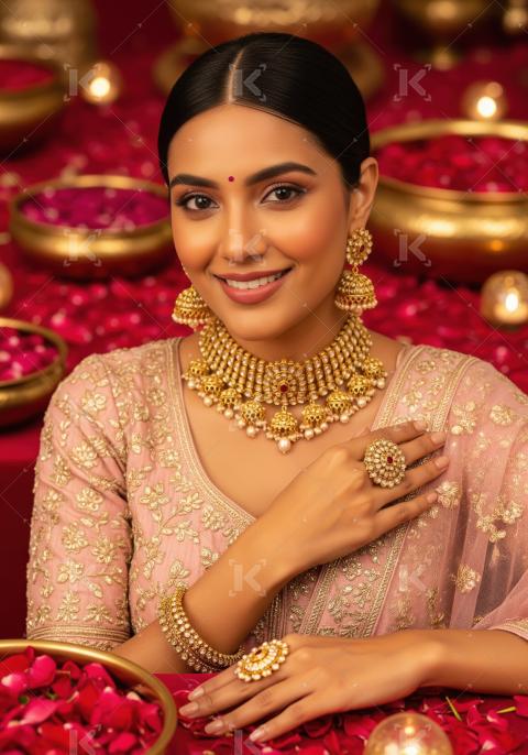 Elegant Indian woman in pink attire with traditional gold jewelr