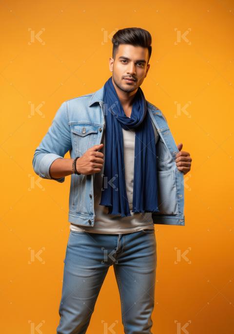 Stylish Young Man in Denim Jacket and Blue Scarf
