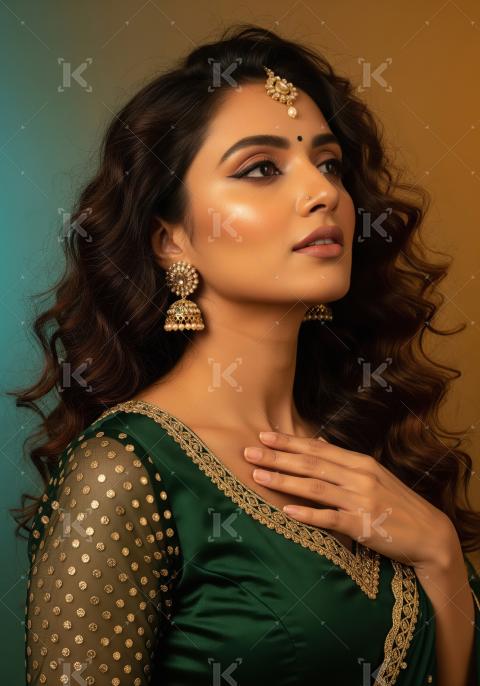 Elegant Indian Woman in Traditional Green and Gold Attire