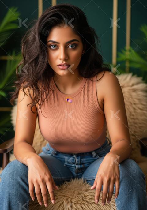 Intense Blue-Eyed Woman Posing on Furry Chair