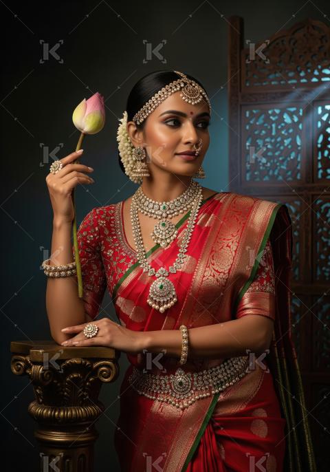 South Indian Bride Adorned in Traditional Jewelry and Silk Saree