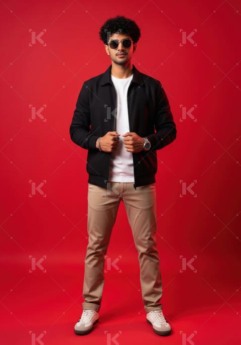 Stylish Young Man in Black Jacket and Sunglasses on Red