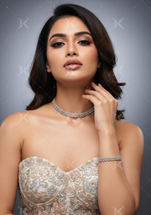 Elegant Woman Showcasing Diamond Jewelry in a Glamorous Setting