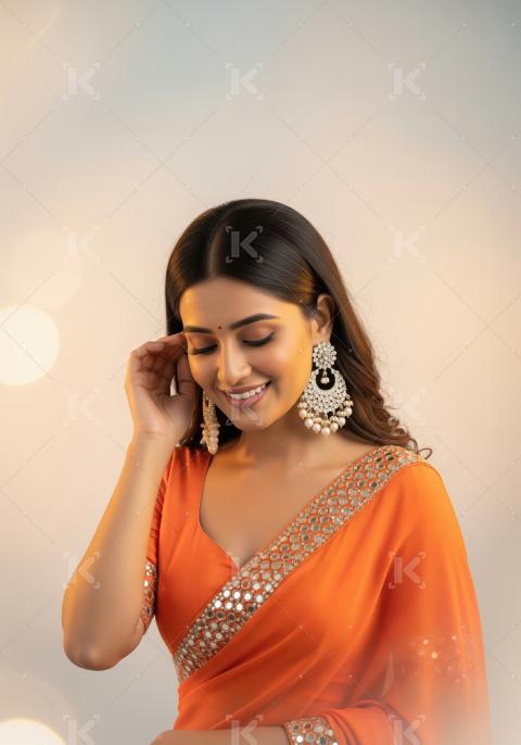 Beautiful Indian Woman in Orange Saree with Elegant Jewelry