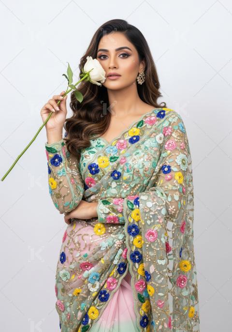 Beautiful Indian Woman in Floral Saree with White Rose