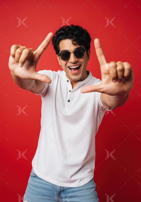 Happy Young Man Framing Gesture with Sunglasses on Red Backgroun