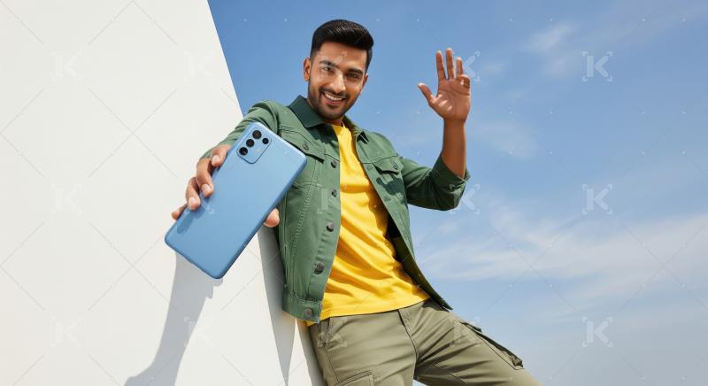 Happy Man Shows Blue Smartphone, Waving Under Clear Sky