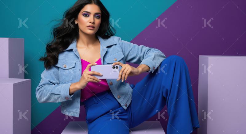 Stylish Woman with Purple Smartphone on Vibrant Geometric Backgr