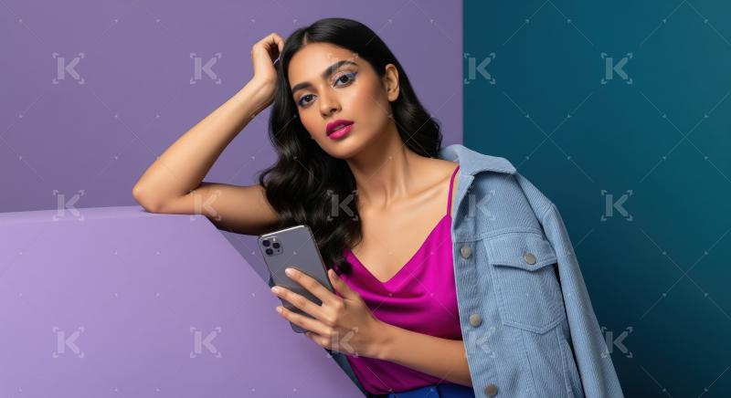 Vibrant Beauty: Woman with Phone, Blue Eyeliner, Pink Lipstick