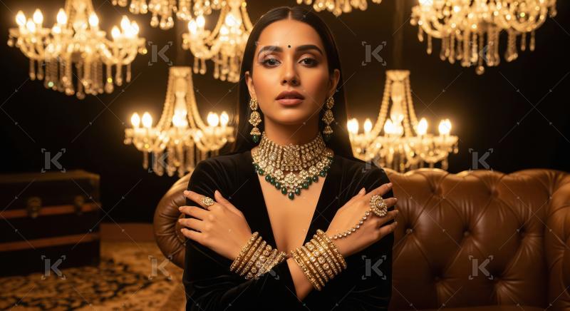 Elegant Woman Adorned in Traditional Indian Gold Emerald Jewelry