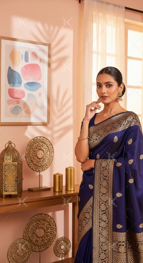 Elegant Indian Woman Posing in Traditional Blue Gold Zari Saree