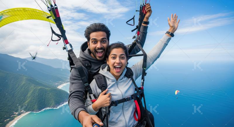 Thrilled Couple Tandem Paragliding Over Stunning Coastal Landsca