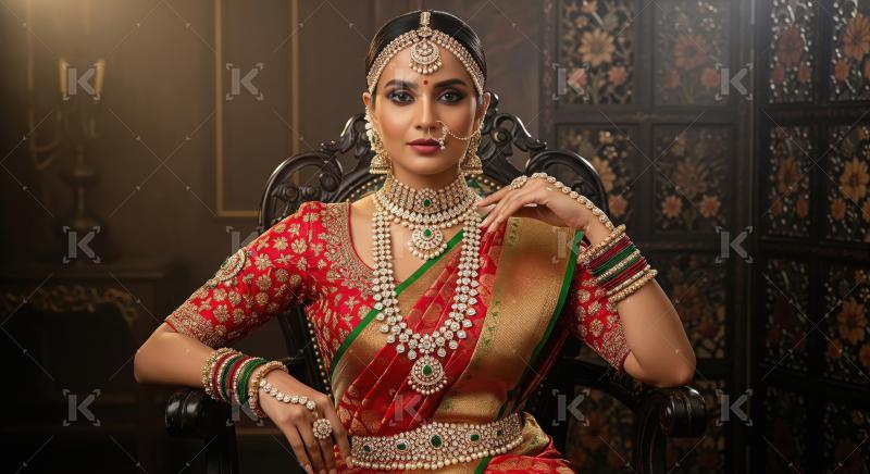 Regal South Indian Woman in Sari and Elaborate Diamond Gold Jewe