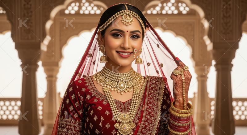 Smiling Indian Bride in Traditional Red Bridal Attire and Gold J