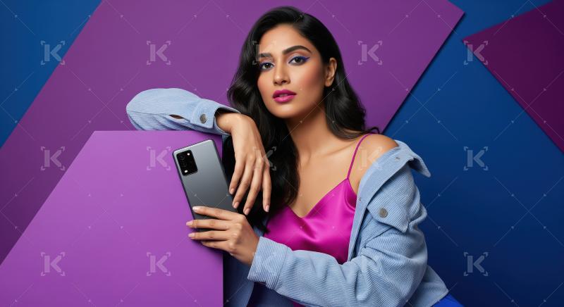 Stylish Woman Displays Smartphone Against Vibrant Geometric Back