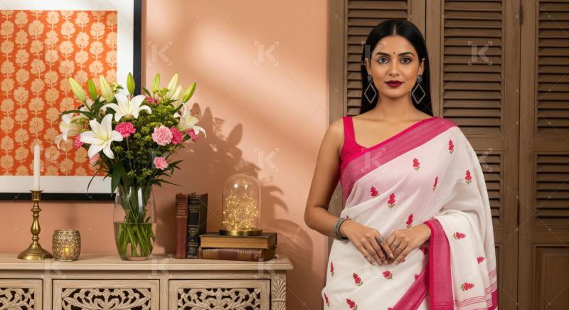 Elegant Indian Woman in Embroidered Saree, Traditional Home Deco