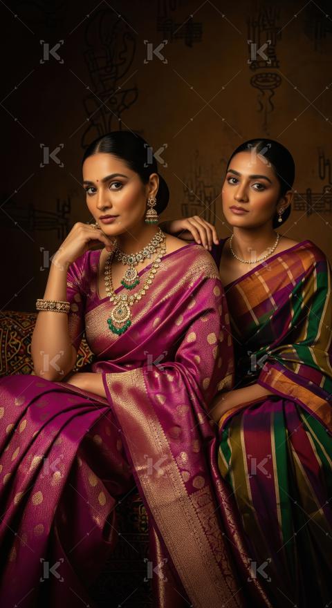 Elegant Indian Women in Traditional Sarees and Intricate Gold Je