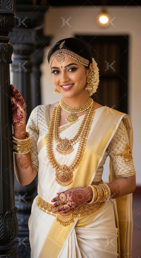 Smiling Indian Bride in Traditional White and Gold Saree