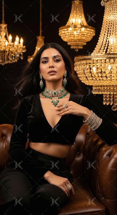 Elegant Woman Adorned in Emerald and Diamond Jewelry