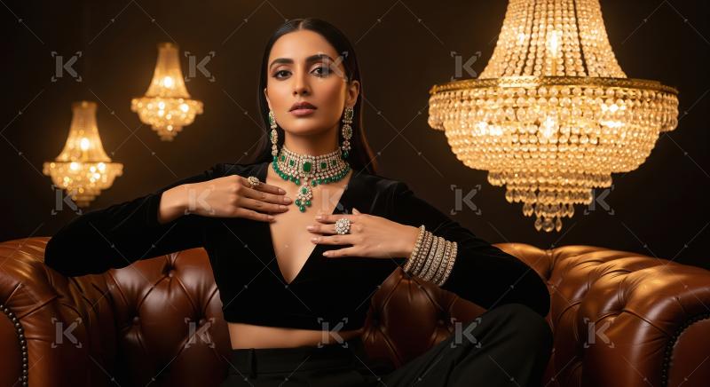 Elegant Woman Adorned in Emerald and Diamond Jewelry on Leather