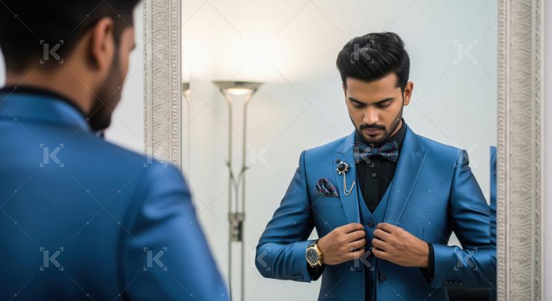 Stylish Young Man Adjusting His Blue Suit in Mirror