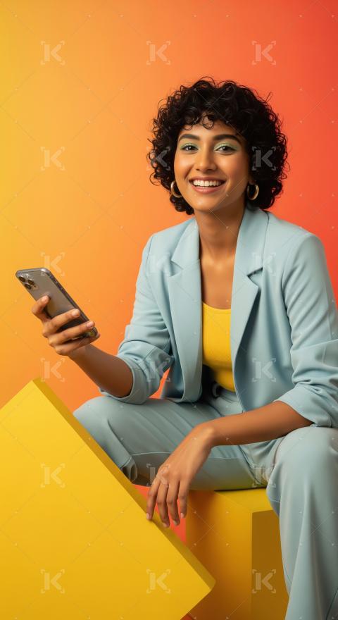 Happy Young Woman Smiling, Using Smartphone in Colorful Studio