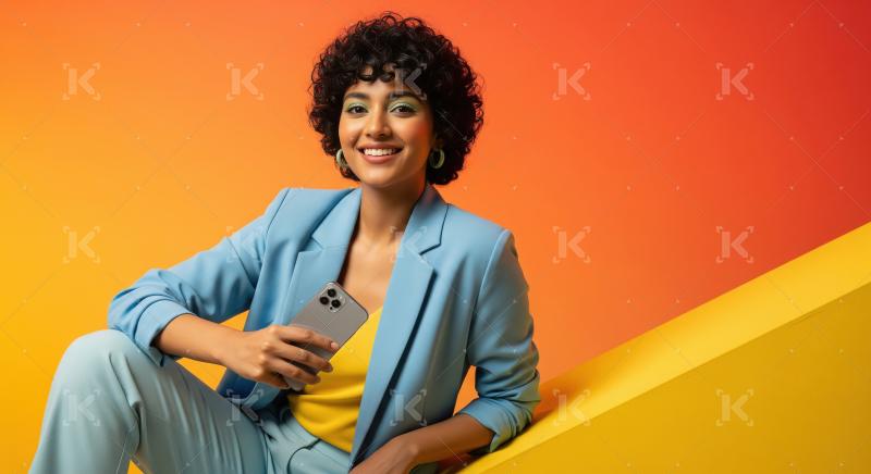Smiling Woman Holds Smartphone in Blue Suit, Vibrant Studio Shot