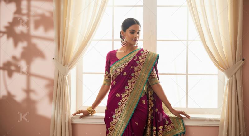 Elegant Indian Woman in Traditional Saree Posing by Window