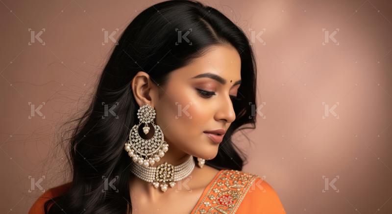 Beautiful Indian Woman in Traditional Pearl and Diamond Jewelry