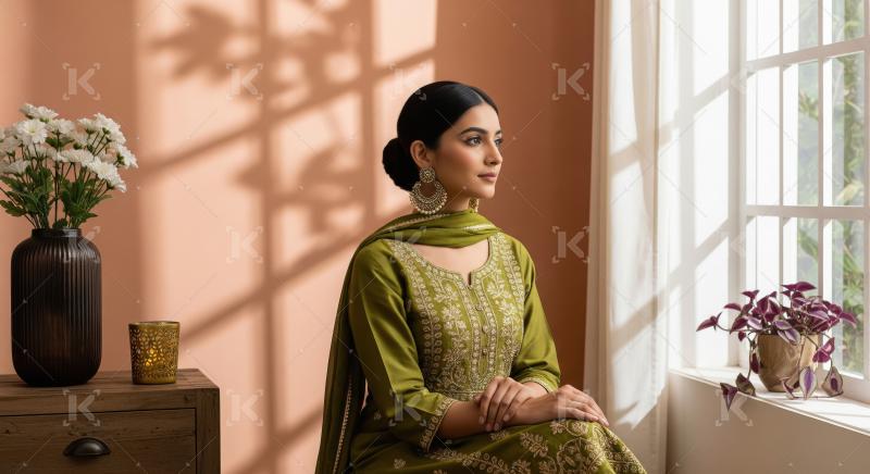 Serene Indian Woman in Ethnic Wear Gazing Out Window