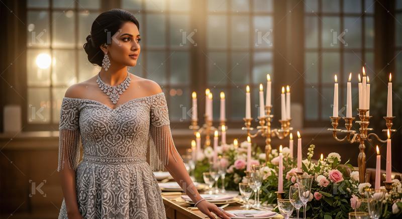 Elegant Woman in Embellished Gown at Luxury Candlelit Dinner