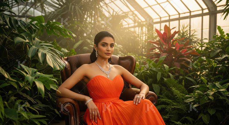 Elegant Woman in Orange Dress and Diamonds in Botanical Greenhou