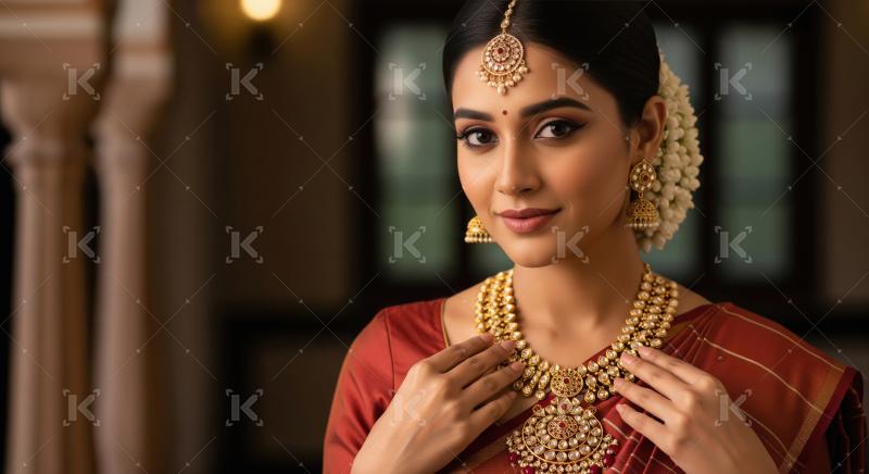 Beautiful Indian Woman Adorned in Traditional Gold Jewelry