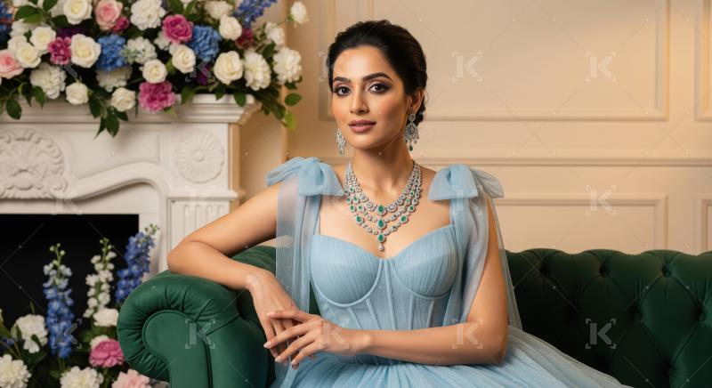 Elegant Woman in Blue Gown with Emerald Diamond Jewelry