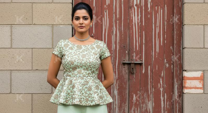Elegant Indian woman in embroidered outfit by rustic door.