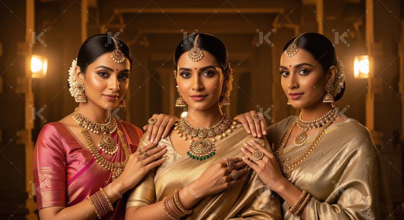 Three Indian Women in Traditional Gold Jewelry