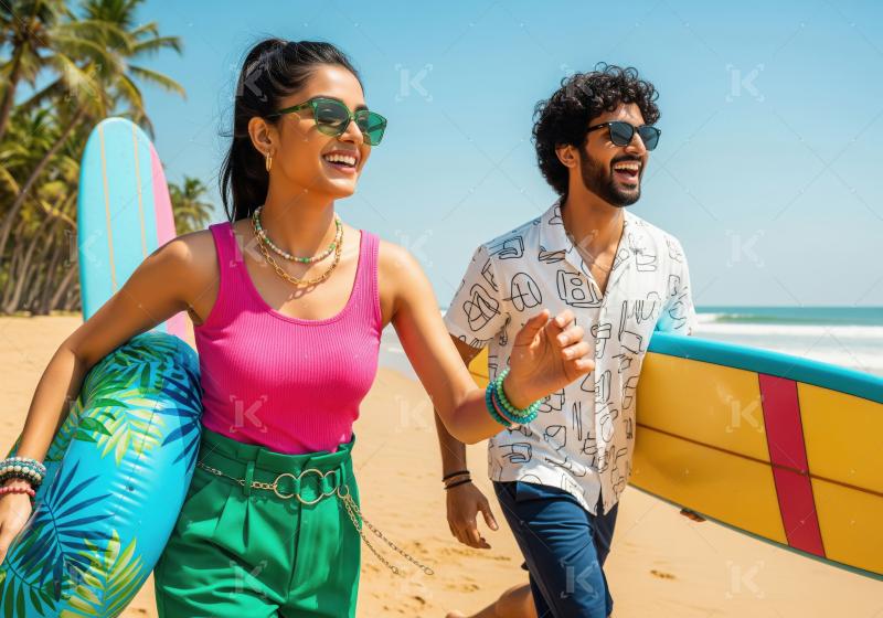 Happy Couple Enjoying Sunny Beach Day with Surfboard and Float