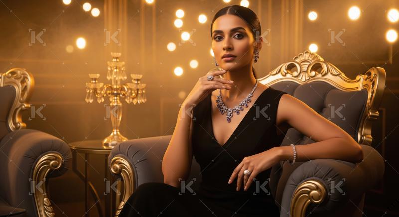 Elegant Woman Posing with Exquisite Jewelry in Luxurious Setting