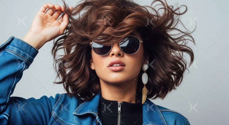Stylish Woman with Windswept Hair, Sunglasses, and Denim Jacket