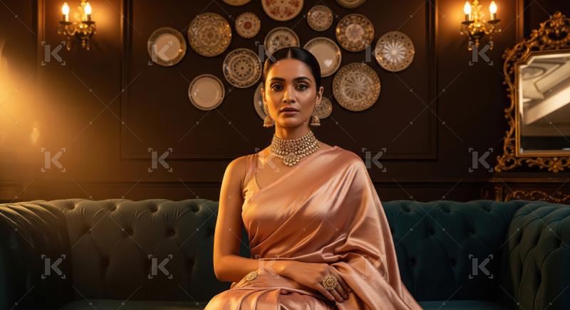 Elegant Indian Woman in Saree with Traditional Jewelry on Sofa