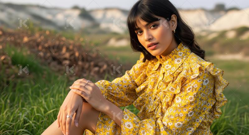 Beautiful Young Woman Posing in Vibrant Yellow Floral Dress Outd